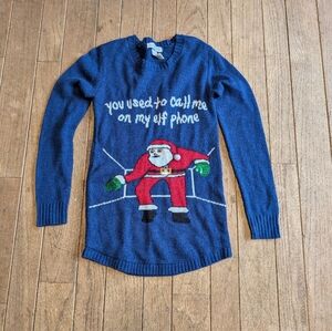 Women's Planet Gold Navy Gray Long Sleeve Ugly Christmas Sweater Size Medium